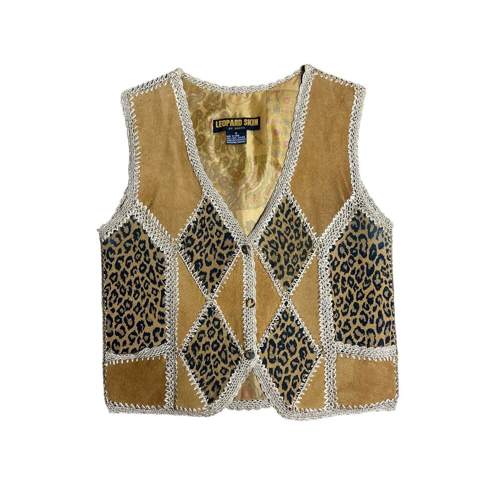 90s suede leather patchwork best leopard skin and tan size s